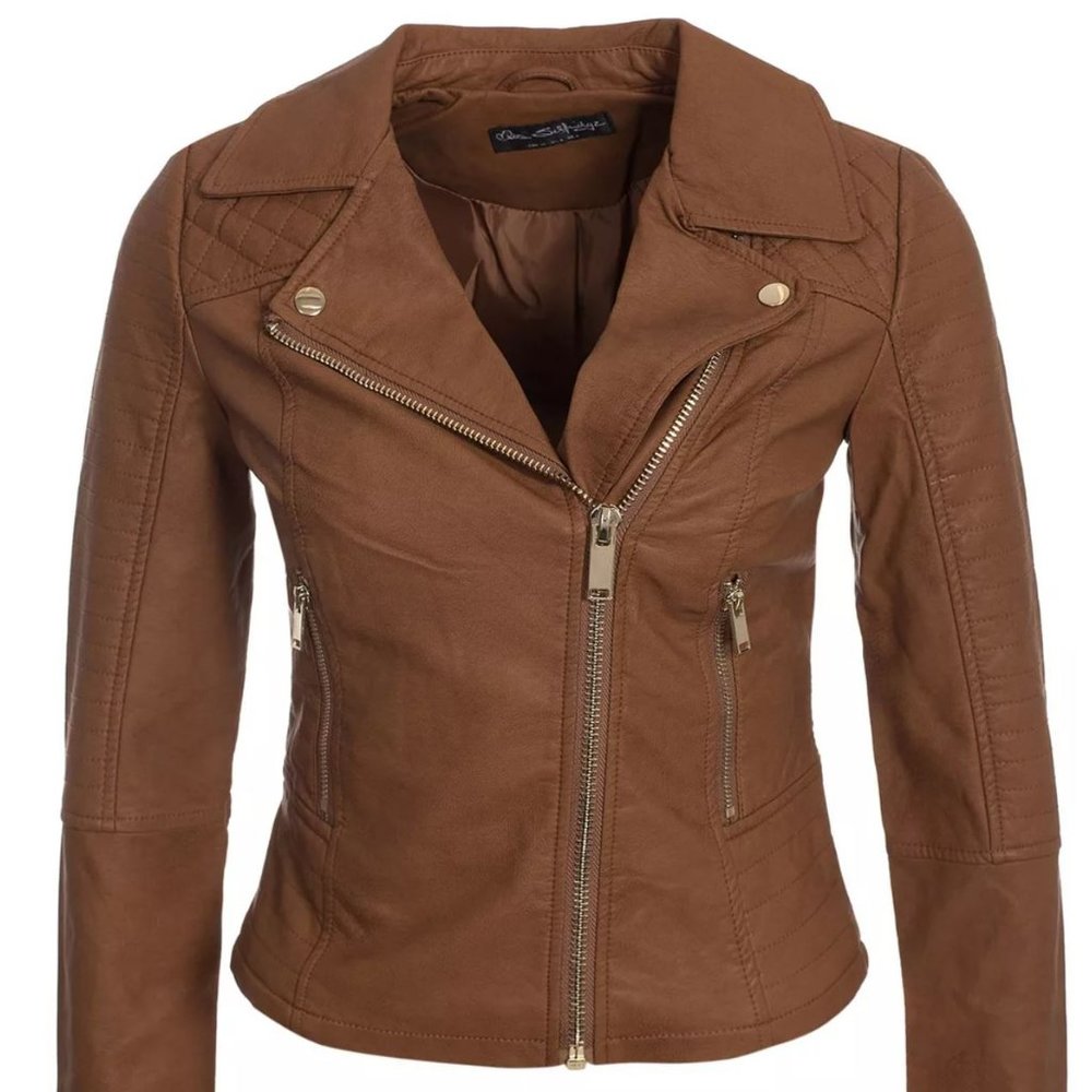 NWT! New Le Chateau Brown Leather Zipper Biker Jacket